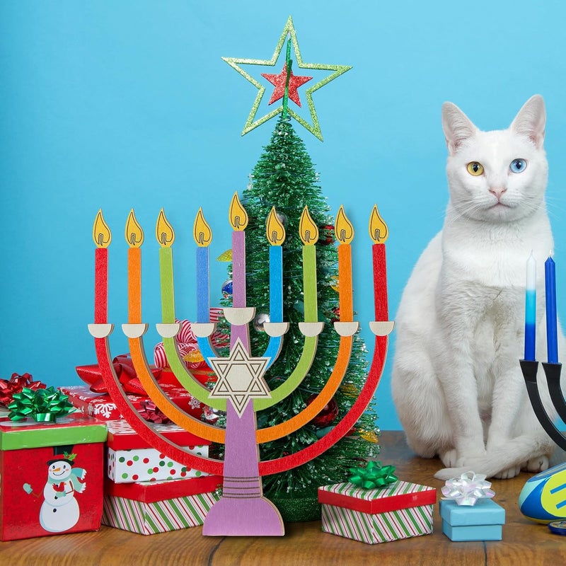 Layhit Hanukkah Menorah Candle Holder Chanukah Wooden Menorah Decorations with Removable Candles for Kids Jewish Holiday Table Centerpiece Party Favors(Colorful) - Image 4